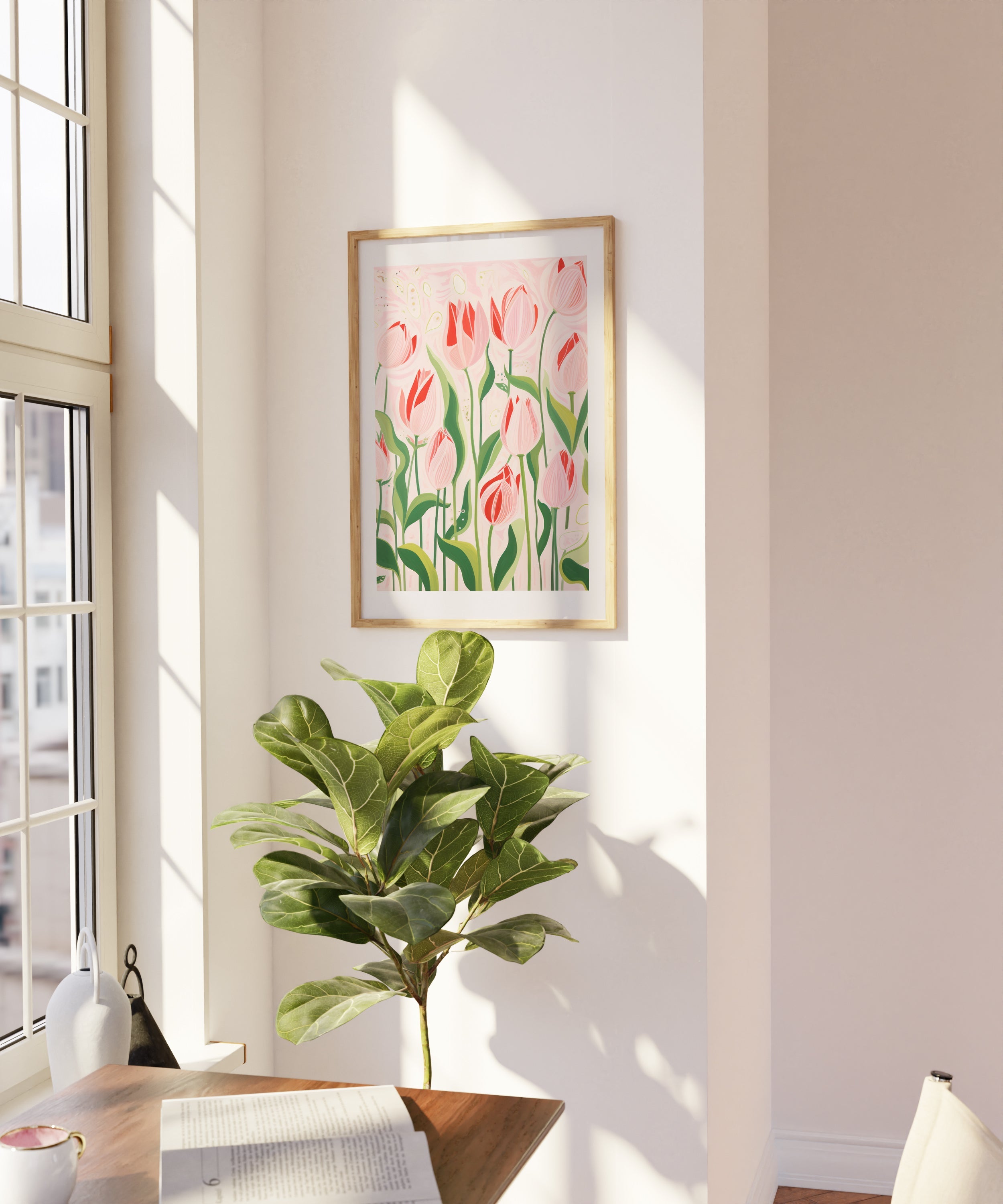 Pink and Green Tulips Painting The Poster Square