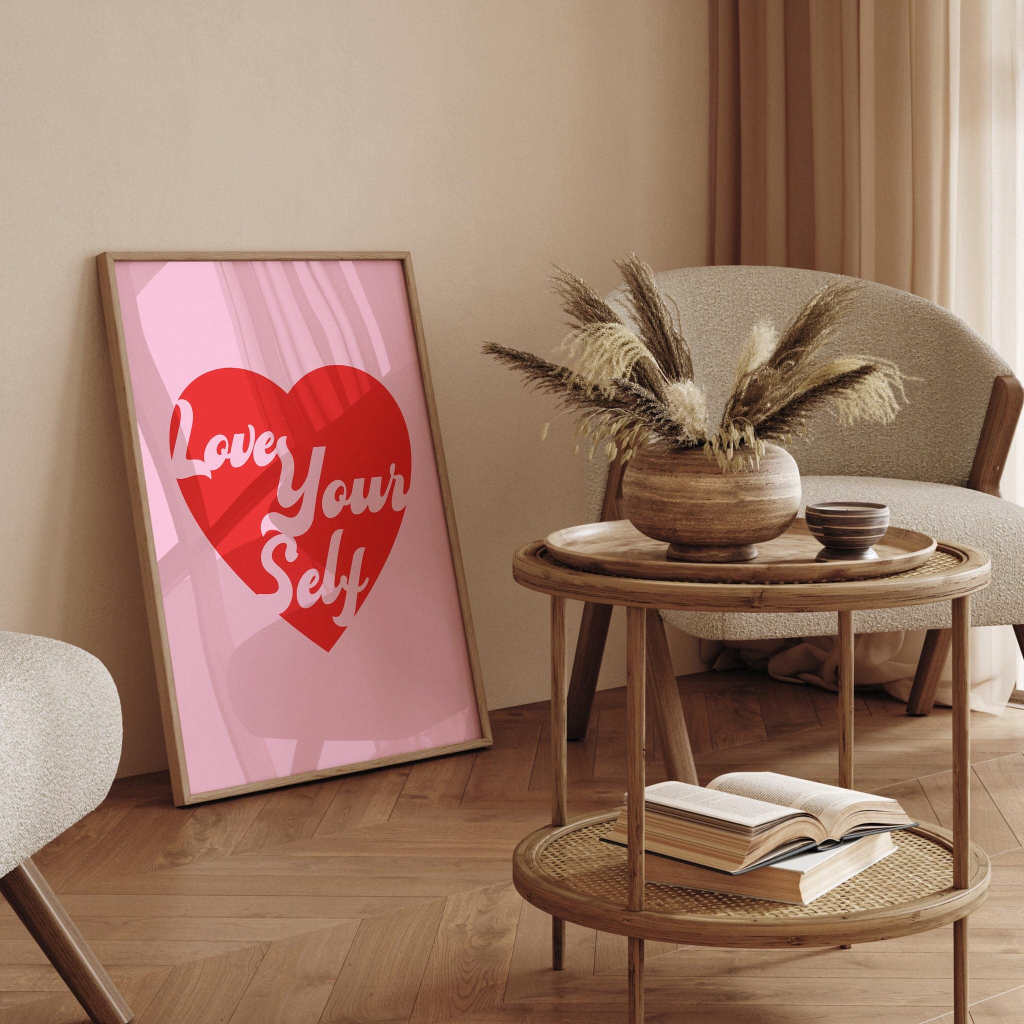 Uplifting "Love Yourself" wall art poster in vibrant pink and red tones.