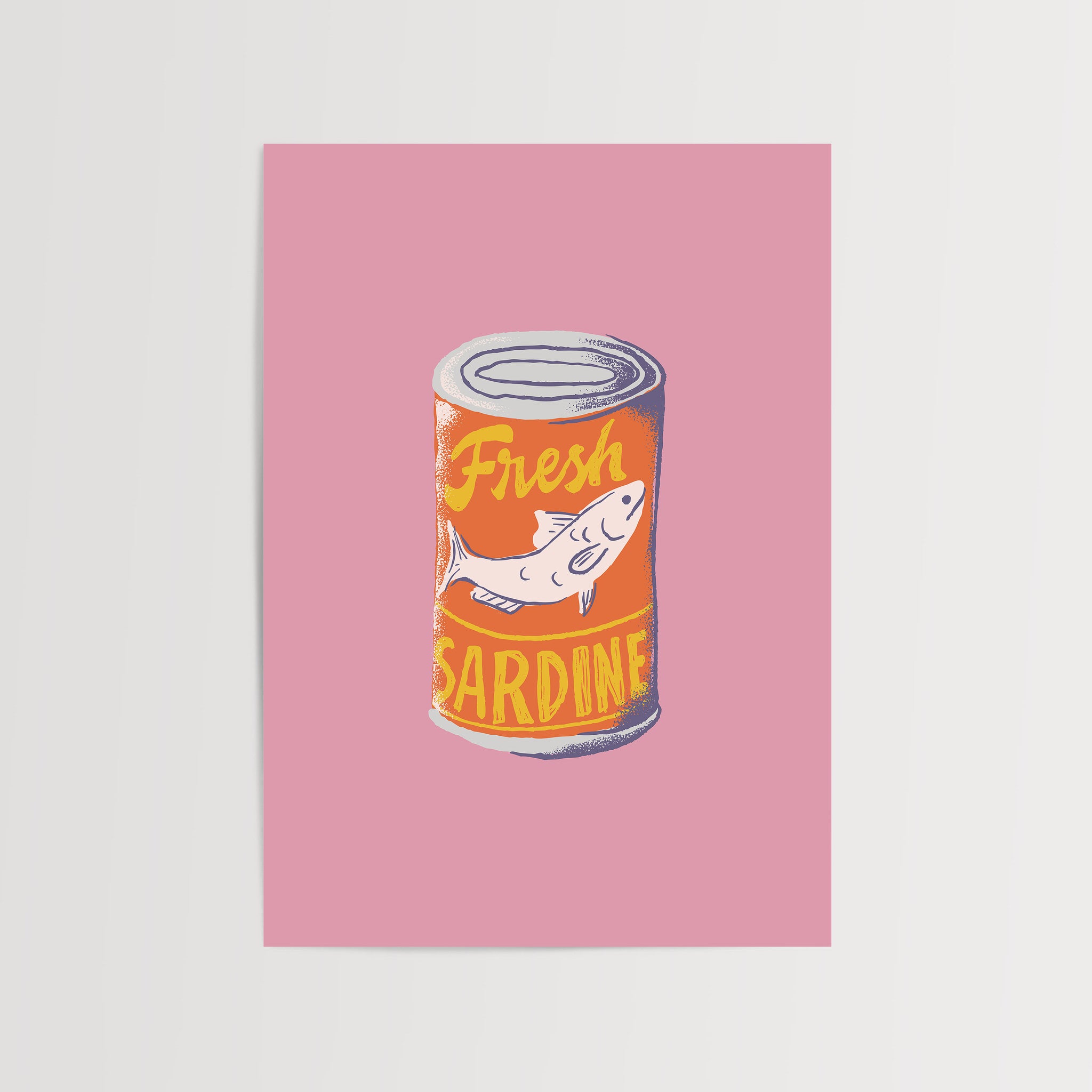 Retro sardine can poster on pink background with playful design