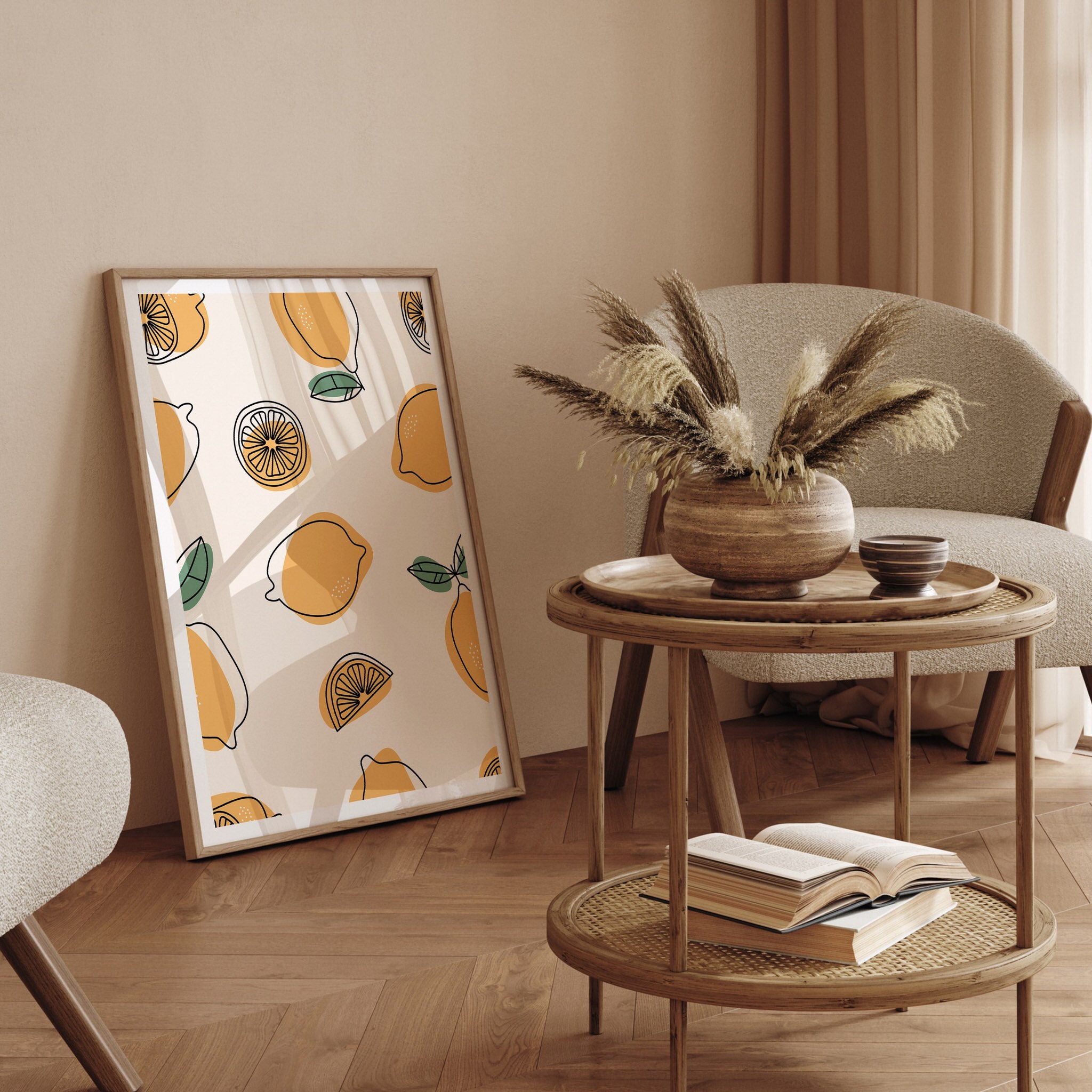 Nature-inspired lemon pattern wall art for cafe or kitchen decor.