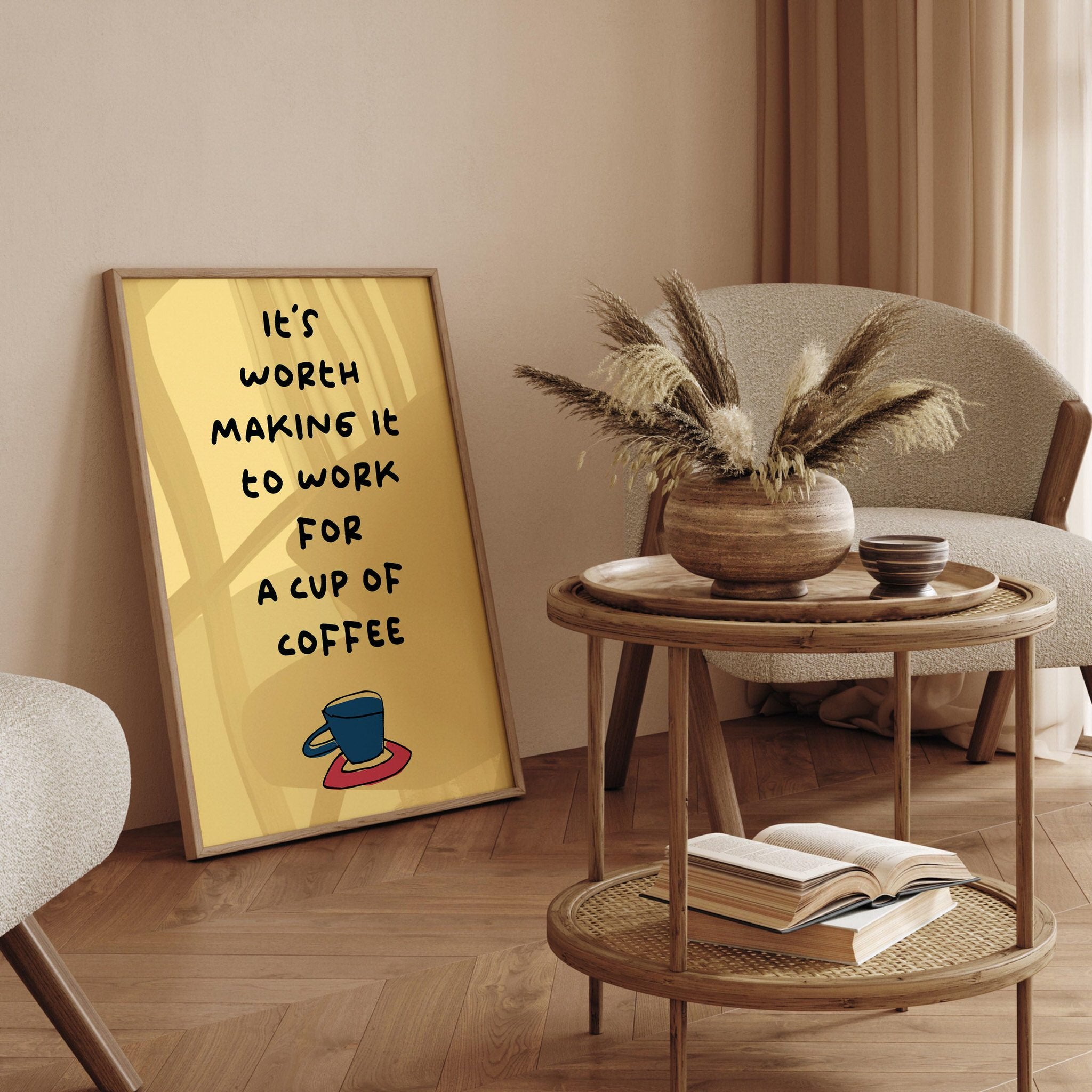Yellow and blue coffee quote wall art for fun and inspirational decor.